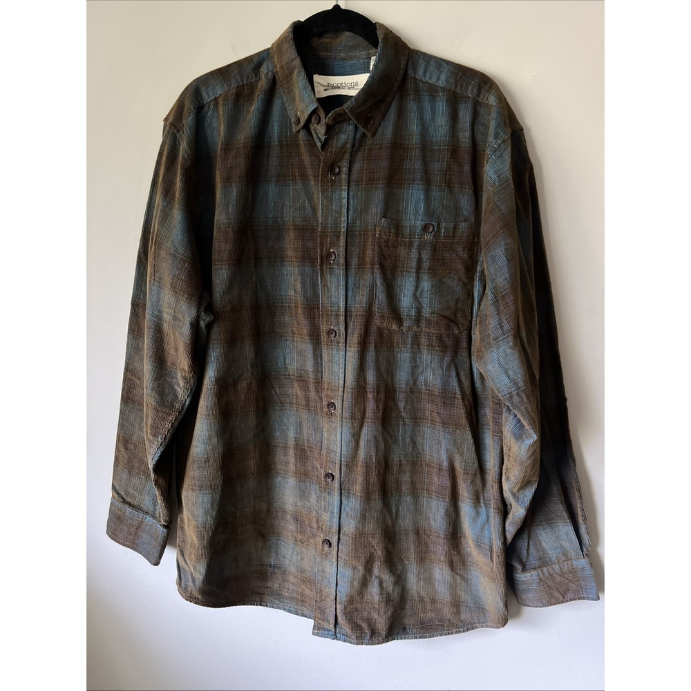 R-Options San Clemente Plaid Corduroy Button Down Shirt Mens L Brown Blue